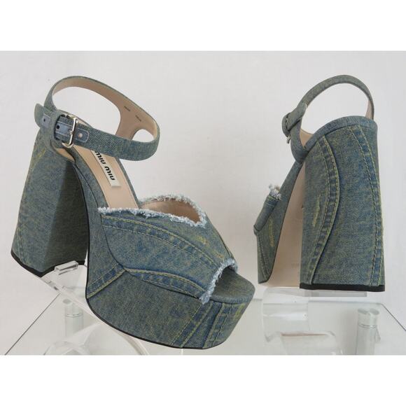 MIU MIU 5XP832 BLUE WASHED DENIM BUCKLE ANKLE STRAP SANDAL PLATFORM PUMPS 37 - Picture 3 of 14